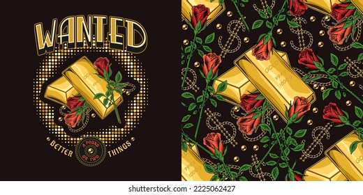 Conjunto de emblemas, patrón con lingotes de oro, cuentas, cadenas, rosas, signo de dólar. Ilustración vectorial vintage sobre fondo oscuro. Tesoros, lujo, concepto rico. Bien por la ropa, el diseño textil.