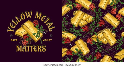 Set of emblem, pattern with gold ingots, black pearls, roses. Vintage vector illustration on a dark background. Treasures, luxury, rich concept