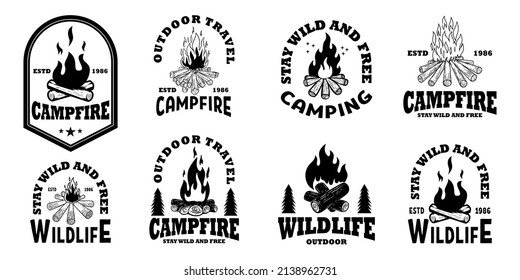 Set of emblem template with campfire. Design element for greeting card, t shirt, poster. Vector illustration