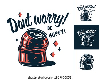 Set of emblem or T-shirt print with crumpled alcohol can. Craft lager beer tin for design of pub or bar