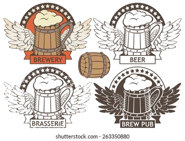 set of emblem with a wooden beer and wings