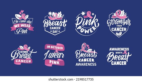 The set of emblems about breast cancer. The women support quotes with flowers on the blue background