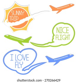 Set emblems airplane travel trips flights clouds love sun vacation holiday. Vector