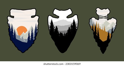 Set of emblems with arrowhead with mountain landscape. Design element for poster, card, banner, sign. Vector illustration