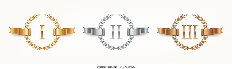 Set of emblems for awards. First place, second place and third place signs with roman numerals, Awards with branches and ribbon. Vector illustration.