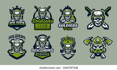 A set of emblems, badges, logos of a military skull, a helmet with tactical goggles and swords. Soldier, weapon, warrior, shield, lettering. Vector illustration