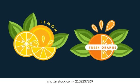 Juego de emblemas, insignias con naranja, limón, hojas verdes, rodajas de fruta. Buena decoración de empaque de alimentos, comestibles, tiendas agrícolas, publicidad. Estilo plano