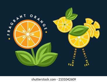 Set of emblems, badges in a shape of butterfly, flower with orange, lemon, green leaves, fruit slices. Good for decoration of food packaging, groceries, agriculture stores, advertising. Flat