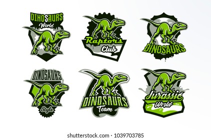 A set of emblems, badges, stickers, logos of dinosaur hunting. Predator Jurassic, a dangerous beast, an extinct animal, a mascot. Lettering, shield, print. Vector illustration