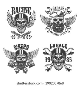 Set of the emblems with bearded skull in racer helmet with wings. Design element for logo, label, sign, emblem, poster, t shirt. Vector illustration