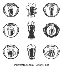 Set of emblems with beer mugs. Design elements for logo, label, emblem, sign. Vector illustration