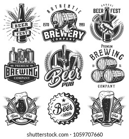 Set emblems with beer objects. Vintage monochrome style. Vector illustration.