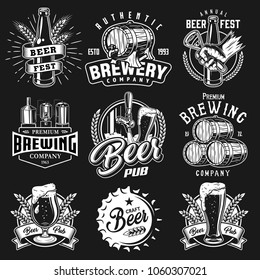 Set emblems with beer objects. Vintage monochrome style. Vector illustration.