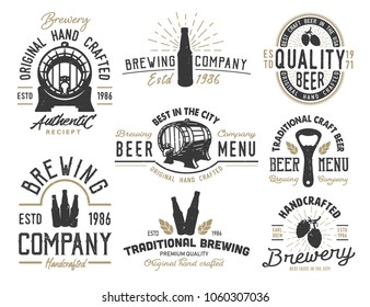 Set emblems with beer objects. Vintage monochrome style. Vector illustration.