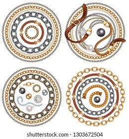 Set emblems with belts and gold and silver chains for fabric design, wallpapers, prints. Isolated vector illustration with metallic accessories.