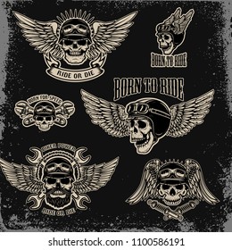 Set of emblems for biker club. Winged human skull with wings. for logo,label, sign, badge. Vector illustration