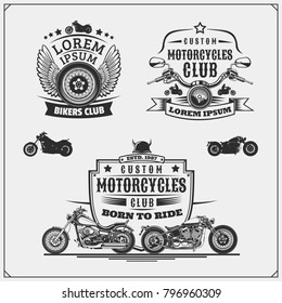 Set of emblems of bikers club. Vintage style. Monochrome design.