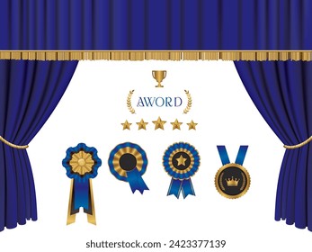 Set of emblems with blue stage curtain background