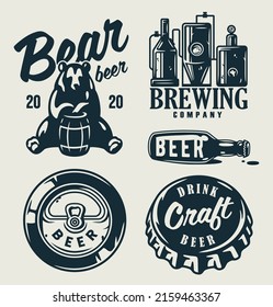 Set of emblems for the brewing theme, including a beer bottle, spikelet, metal cork, bear, factory and barrel