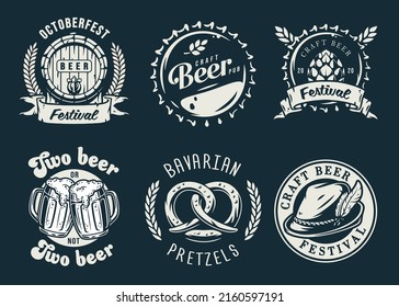 Set of emblems for the brewing theme, including a barrel, spikelet, hop, pretzel, beer mug, metal cork and bavarian hat