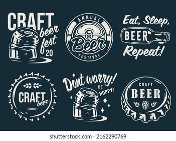 Set of emblems for the brewing theme, including a beer bottle, metal cork, and crumpled can
