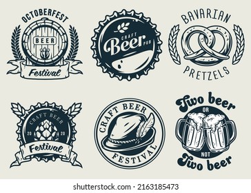 Set of emblems for the brewing theme, including a barrel, spikelet, hop, pretzel, beer mug, metal cork and bavarian hat