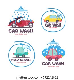 Set of emblems of a car wash. Vector illustration in cartoon style. The car in foam and water droplets, the water hose.