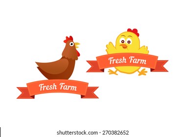 Set of emblems with Chickens and captions Fresh Farm, Vector Illustrations isolated on white background