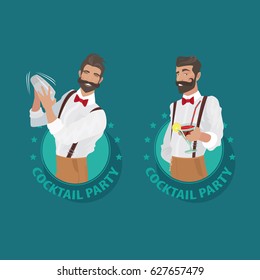 Set of emblems Cocktail Party. Cheerful and mustachioed bartender hipster with suspenders and red bow tie prepares cocktail and offers it to the viewer. Vector illustration