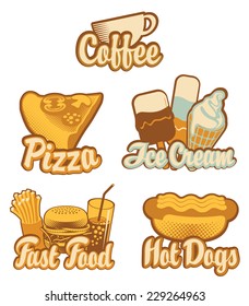 set emblems with coffee fast food pizza and ice cream in retro style