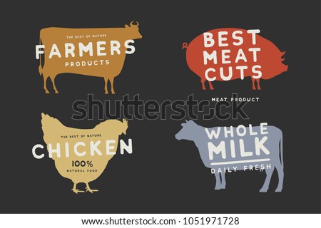 Set of emblems with colored silhouettes of farm animals on dark background. Image on theme of fresh and natural products. Meat and dairy products. Vector logotype design.