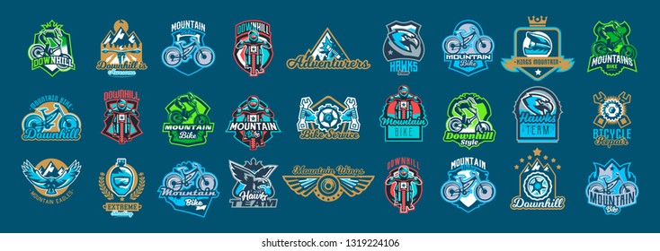 Set of emblems cyclist, mountain bike, eagle, wings, wheels, repair of transport, sport bicycle, racer, jump, downhill, mtb, bmx, race, extreme, hawk. Colorful collection, vector illustration