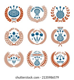 Set of emblems with darts. Design element for logo, label, sign, emblem. Vector illustration