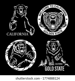 Set of emblems depicting angry bears. Vector image on a black background.
