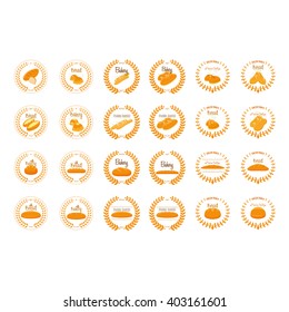 Set of emblems with different breads, text and laurel wreaths on a white background