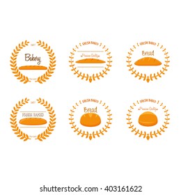 Set of emblems with different breads, text and laurel wreaths on a white background
