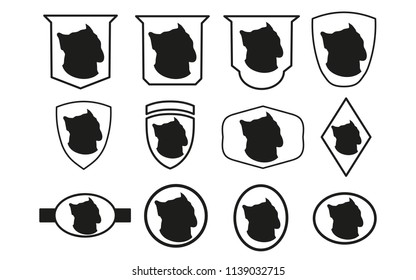 A set of emblems with a dog. Vector illustration on white background. Black silhouette of dog head. Cane Corso