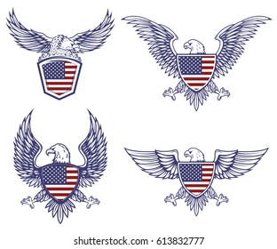 Set of the emblems with eagles on usa flag background. Design elements for logo, label, emblem, sign. Vector illustration