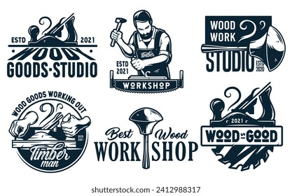 Set of emblems with equipment for wood workshop or joiner craft studio. Carpenter tool for repair, professional carpentry work