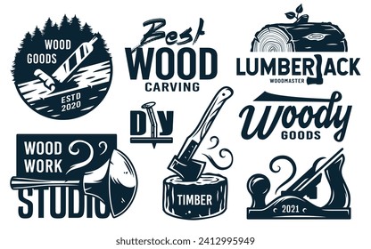 Set of emblems with equipment for wood workshop or joiner craft studio. Carpenter tool for repair, professional carpentry work