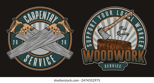 Set of emblems with equipment for the woodwork.