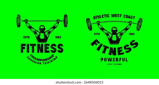 Set of emblems for fitness. Graphic design for t-shirt. Black print on green background