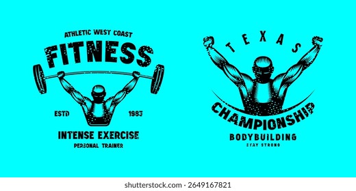 Set of emblems for fitness. Graphic design for t-shirt. Black print on blue background