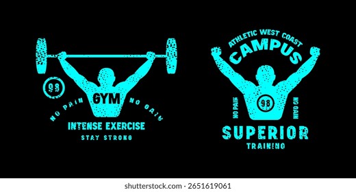 Set of emblems for fitness. Graphic design for t-shirt. Blue print on black background
