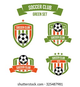 Set of emblems in green and orange colors for football clubs with the inscription on the ribbon. Soccer ball