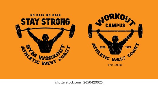 Set of emblems for gym. Graphic design for t-shirt. Black print on orange background