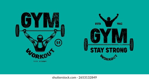 Conjunto de emblemas para ginástica. Design gráfico para camiseta. Impressão preta sobre fundo azul
