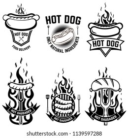 Set of emblems with hot dog. Design element for emblem, sign, poster, badge. Vector illustration