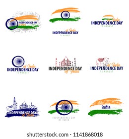 Set emblems of Independence Day of India. 15th August. Vector illustration