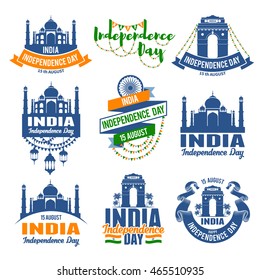 Set of emblems for indian holiday India Independence Day. Best badges set for your design. Easy for edit and use. Vector illustration.